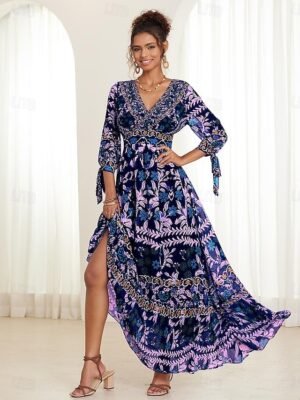 Bohemian Maxi Floral V Neck Long Sleeve Dress - Image 22