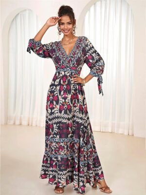 Bohemian Maxi Floral V Neck Long Sleeve Dress - Image 4