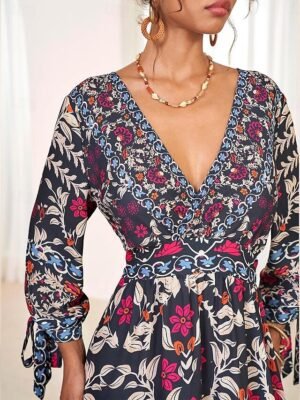 Bohemian Maxi Floral V Neck Long Sleeve Dress - Image 6