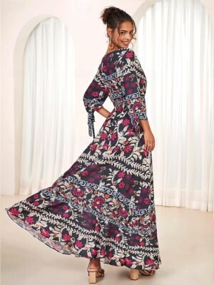 Bohemian Maxi Floral V Neck Long Sleeve Dress - Image 7