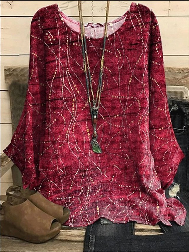 Bohemian Oversized Leafy Print Round Neck Long Bell Sleeve Pullover Blouse - Image 2