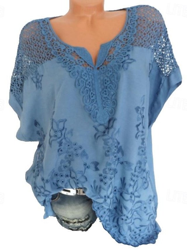Bohemian Oversized Openwork Embroidery V-Neck Short Sleeve Summer Blouse - Image 1