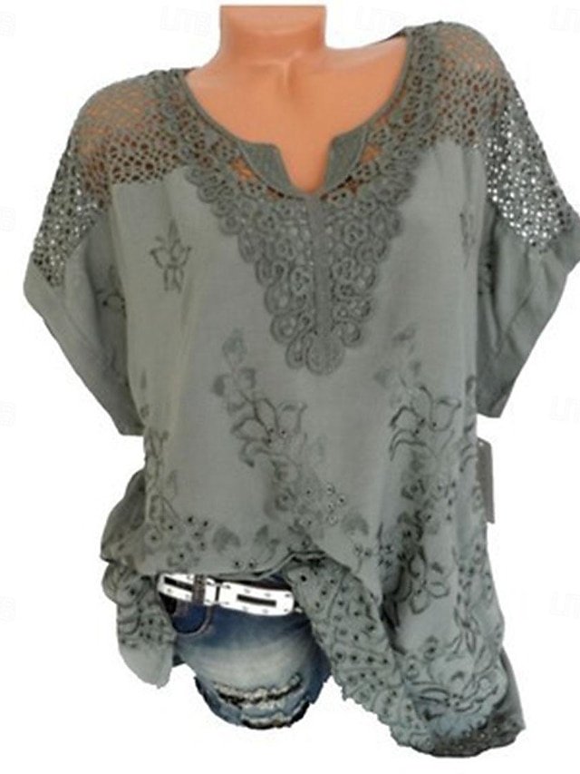 Bohemian Oversized Openwork Embroidery V-Neck Short Sleeve Summer Blouse - Image 2
