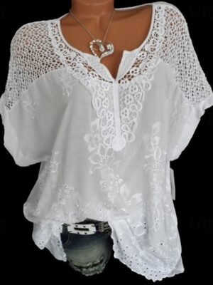 Bohemian Oversized Openwork Embroidery V-Neck Short Sleeve Summer Blouse - Image 3