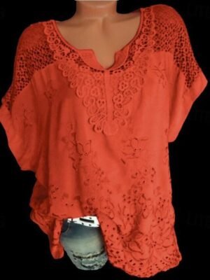 Bohemian Oversized Openwork Embroidery V-Neck Short Sleeve Summer Blouse - Image 4