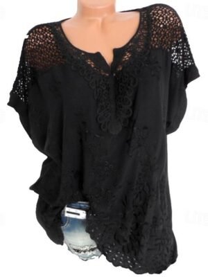 Bohemian Oversized Openwork Embroidery V-Neck Short Sleeve Summer Blouse - Image 5