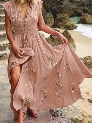 Bohemian Regular Fit Floral V Neck Short Sleeve Midi Dress - Image 1