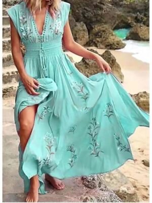 Bohemian Regular Fit Floral V Neck Short Sleeve Midi Dress - Image 4