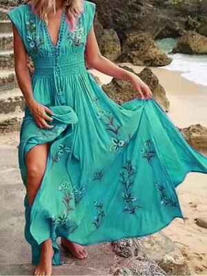 Bohemian Regular Fit Floral V Neck Short Sleeve Midi Dress - Image 5