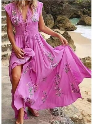 Bohemian Regular Fit Floral V Neck Short Sleeve Midi Dress - Image 6
