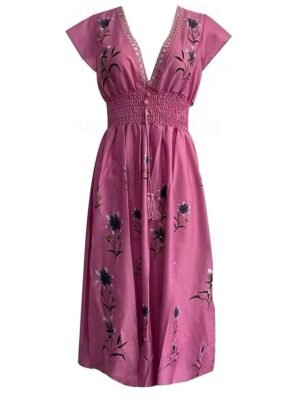 Bohemian Regular Fit Floral V Neck Short Sleeve Midi Dress - Image 7