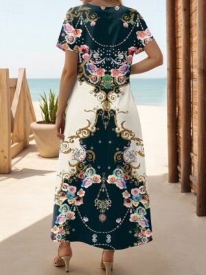 Bohemian Regular Fit Geometric Crew Neck Short Sleeve Maxi Dress - Image 2