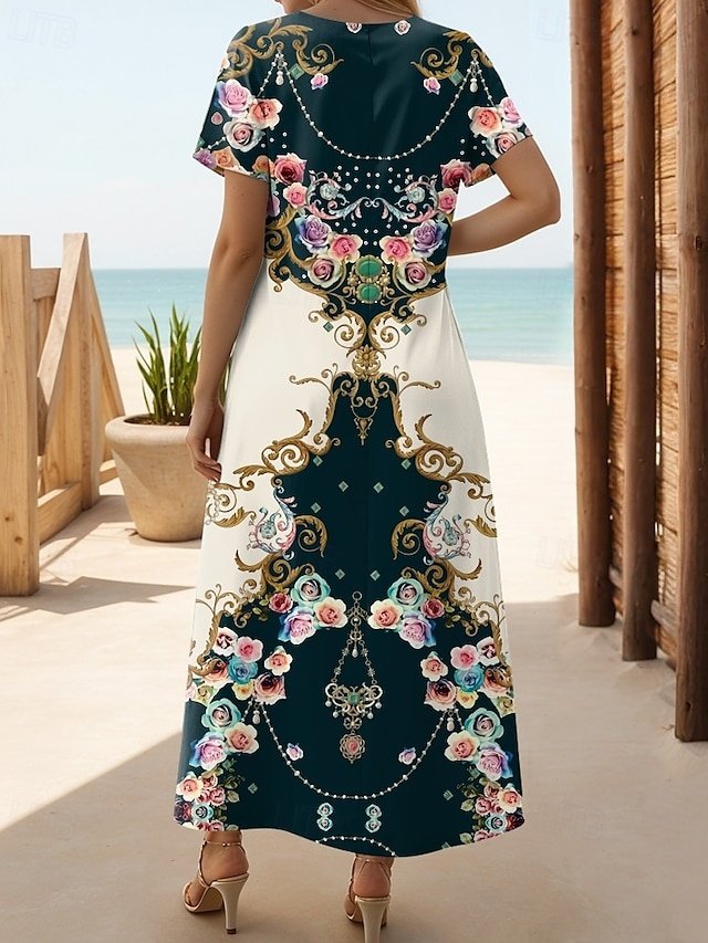 Bohemian Regular Fit Geometric Crew Neck Short Sleeve Maxi Dress - Image 2