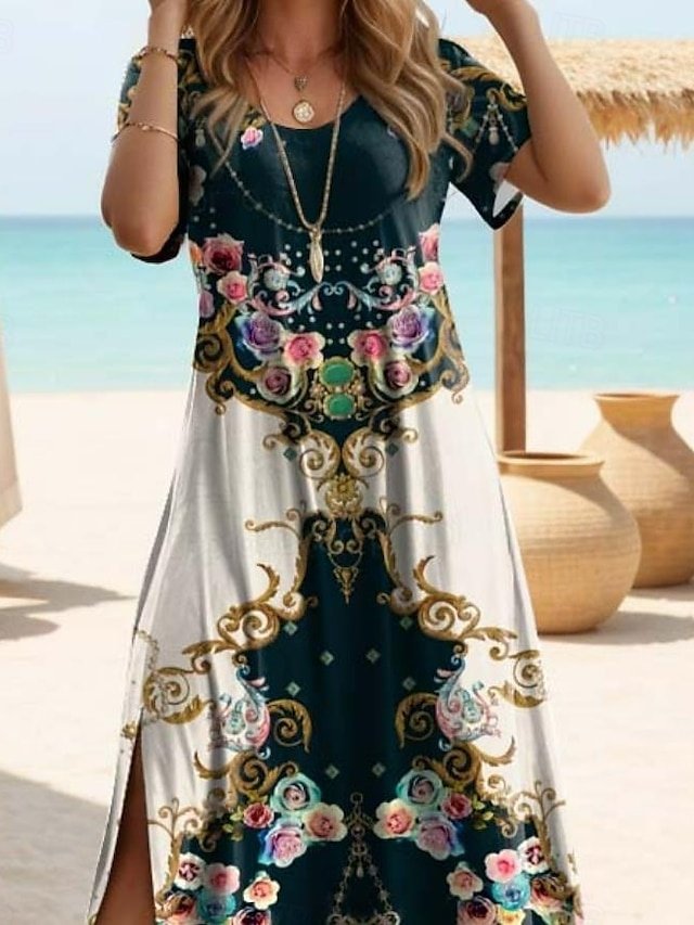 Bohemian Regular Fit Geometric Crew Neck Short Sleeve Maxi Dress - Image 3