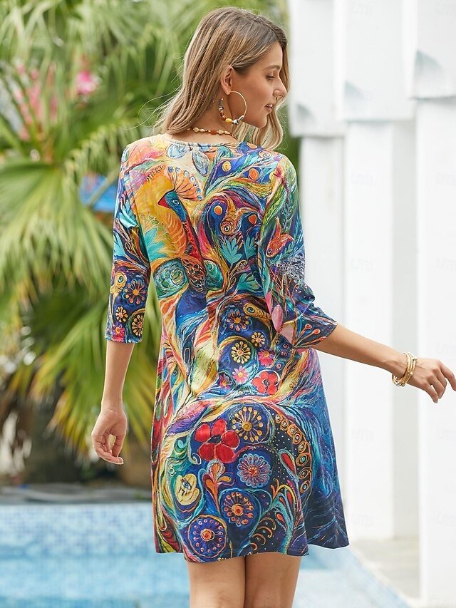 Bohemian Regular Fit Oil Painting V Neck Half Sleeve Mini Dress - Image 2