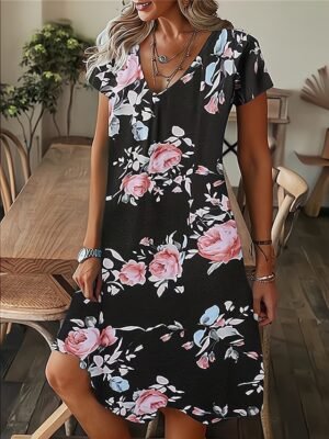 Bohemian Regular Fit Tropical V Neck Short Sleeve Mini Dress - Image 2