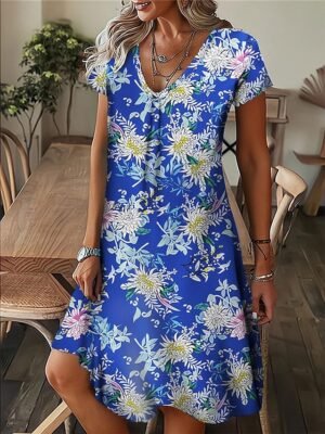 Bohemian Regular Fit Tropical V Neck Short Sleeve Mini Dress - Image 5