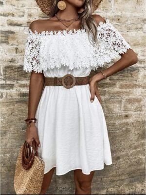 Bohemian Regular Fit White Lace Off Shoulder Short Sleeve Mini Dress - Image 1