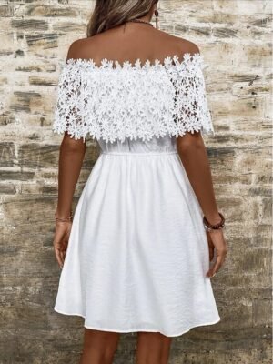 Bohemian Regular Fit White Lace Off Shoulder Short Sleeve Mini Dress - Image 2