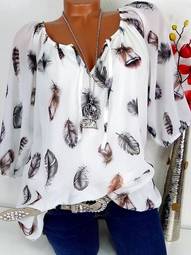 Bohemian Relaxed Feather Print V Neck Long Sleeve Flowy Blouse - Image 1