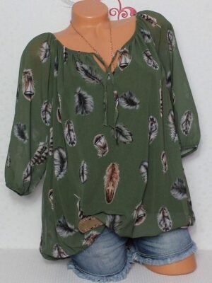 Bohemian Relaxed Feather Print V Neck Long Sleeve Flowy Blouse - Image 3