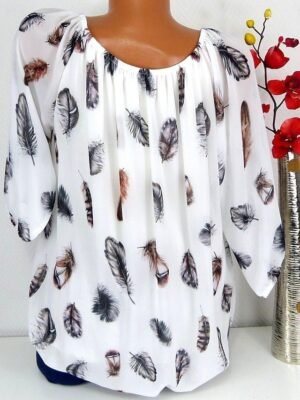 Bohemian Relaxed Feather Print V Neck Long Sleeve Flowy Blouse - Image 5