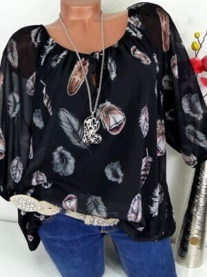 Bohemian Relaxed Feather Print V Neck Long Sleeve Flowy Blouse - Image 6