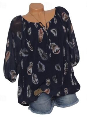 Bohemian Relaxed Feather Print V Neck Long Sleeve Flowy Blouse - Image 8