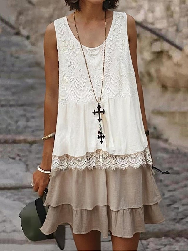 Bohemian Relaxed Fit Lace Scoop Neck Sleeveless Layered Midi Dress - Image 1