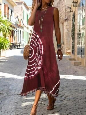 Bohemian Sleeveless Tie-Dye Round Neck Fringe Midi Dress - Image 2
