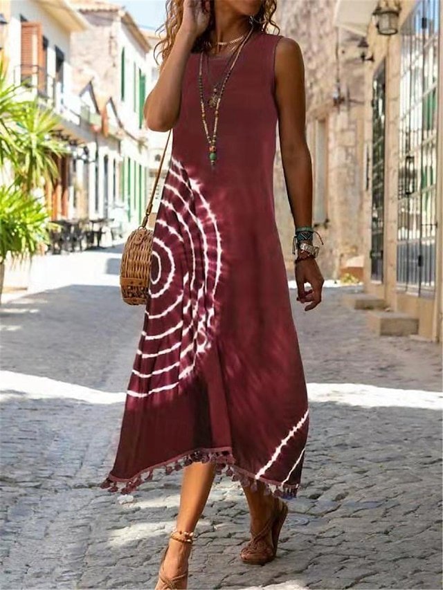 Bohemian Sleeveless Tie-Dye Round Neck Fringe Midi Dress - Image 2