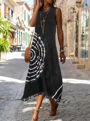 Bohemian Sleeveless Tie-Dye Round Neck Fringe Midi Dress - Image 3