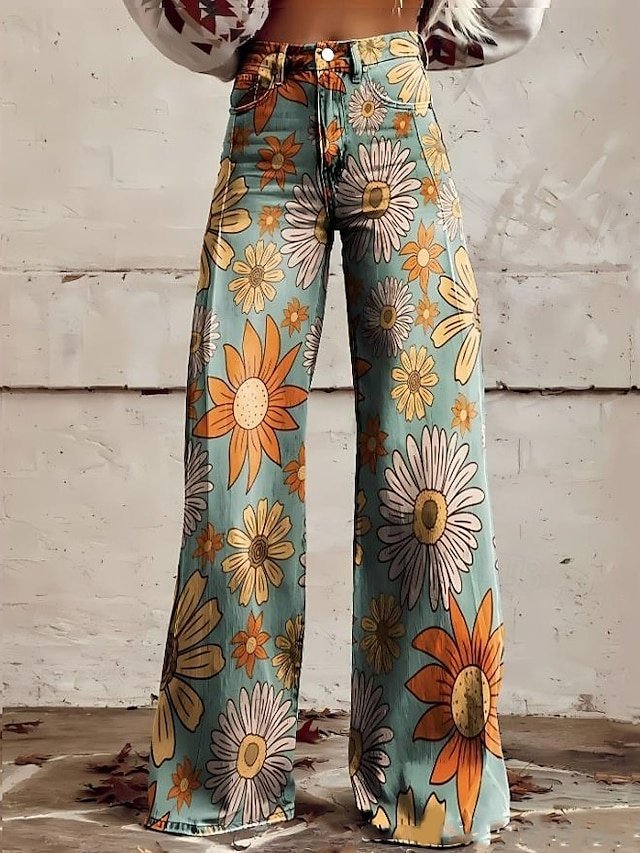 Bohemian Wide Leg Floral Elastic Waist Full Length Chinos - Image 2