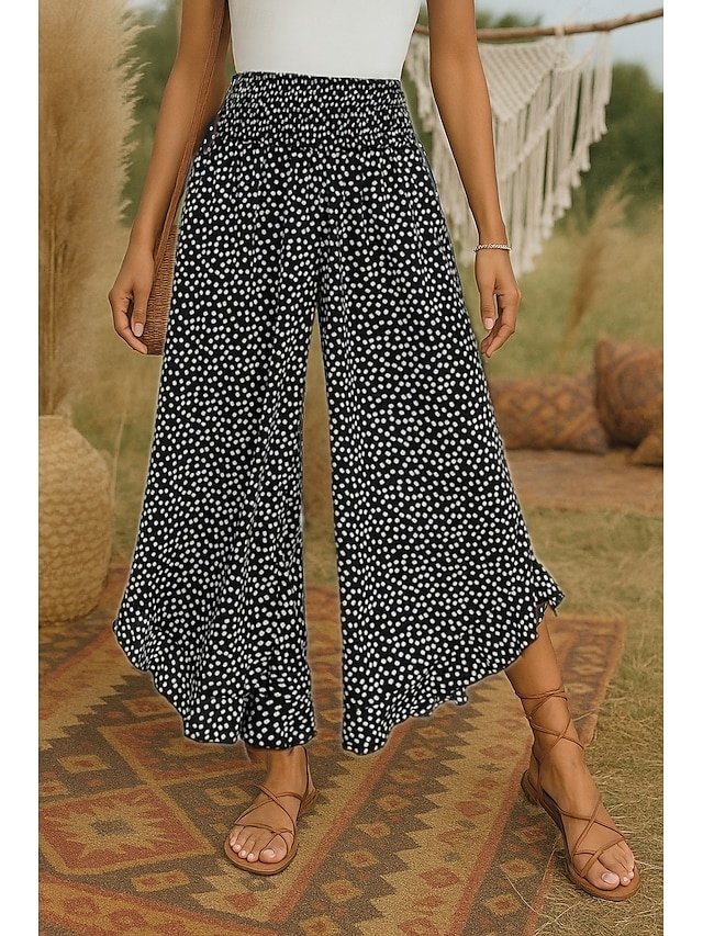Bohemian Wide Leg Polka Dot High Waist Long Trousers - Image 1