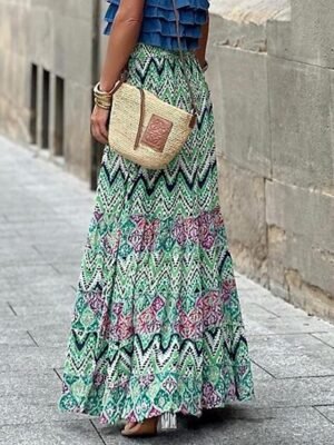 Boho A-Line Floral Geometric High Waist Maxi Skirt - Image 2