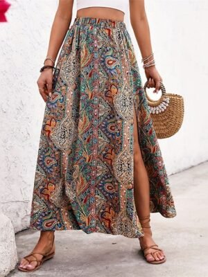 Boho A Line Graphic Paisley High Waist Maxi Skirt - Image 1