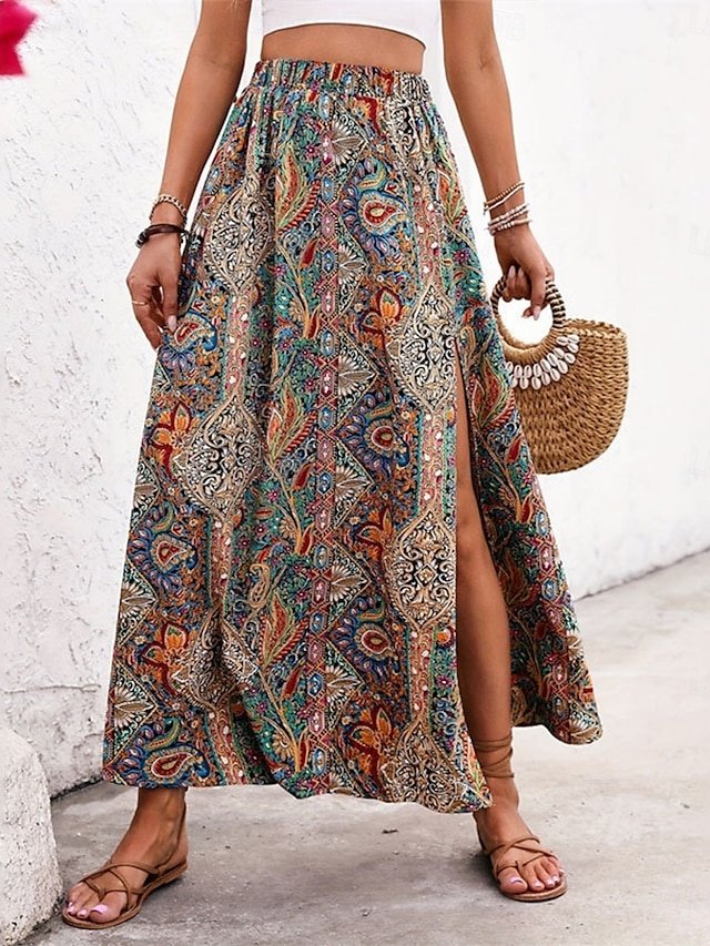 Boho A Line Graphic Paisley High Waist Maxi Skirt - Image 1