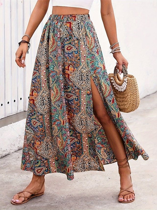 Boho A Line Graphic Paisley High Waist Maxi Skirt - Image 2
