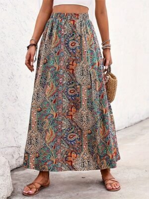 Boho A Line Graphic Paisley High Waist Maxi Skirt - Image 3