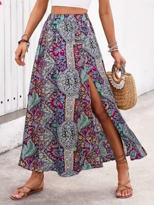 Boho A Line Graphic Paisley High Waist Maxi Skirt - Image 7