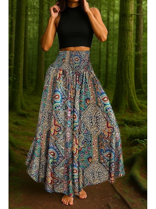 Boho A-Line Paisley High Waist Maxi Skirt - Image 1