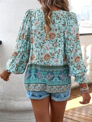 Boho Casual Floral Lace Up V Neck Long Sleeve Regular Tops - Image 12