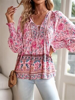 Boho Casual Floral Lace Up V Neck Long Sleeve Regular Tops - Image 3