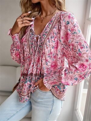Boho Casual Floral Lace Up V Neck Long Sleeve Regular Tops - Image 4