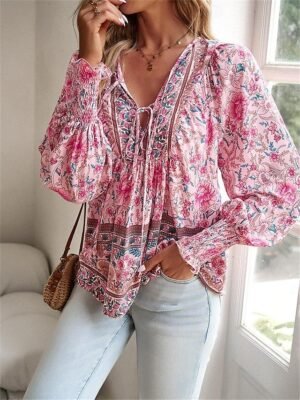 Boho Casual Floral Lace Up V Neck Long Sleeve Regular Tops - Image 5