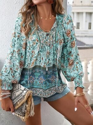 Boho Casual Floral Lace Up V Neck Long Sleeve Regular Tops - Image 9