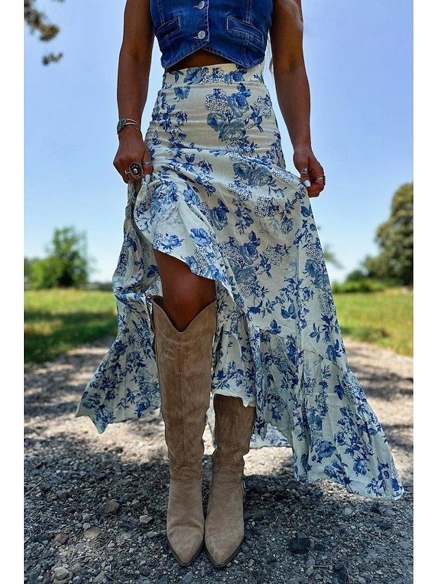 Boho Casual Floral Mid Rise Maxi Skirt - Image 1