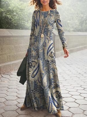 Boho Casual Geometric Crew Neck Long Sleeve Maxi Dress - Image 3