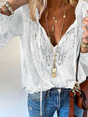 Boho Casual Solid V Neck Long Sleeve Regular Lace Patchwork Top - Image 1