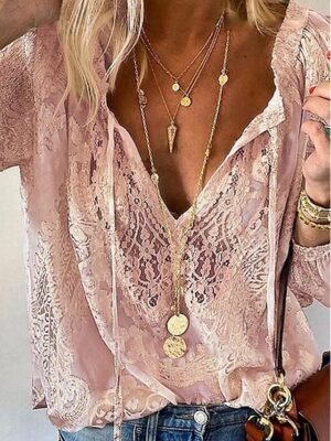 Boho Casual Solid V Neck Long Sleeve Regular Lace Patchwork Top - Image 2